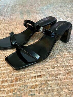 Calvin Klein Kater Heel Black Patton Leather Strappy Square Toe Shoe Women’s 7.5